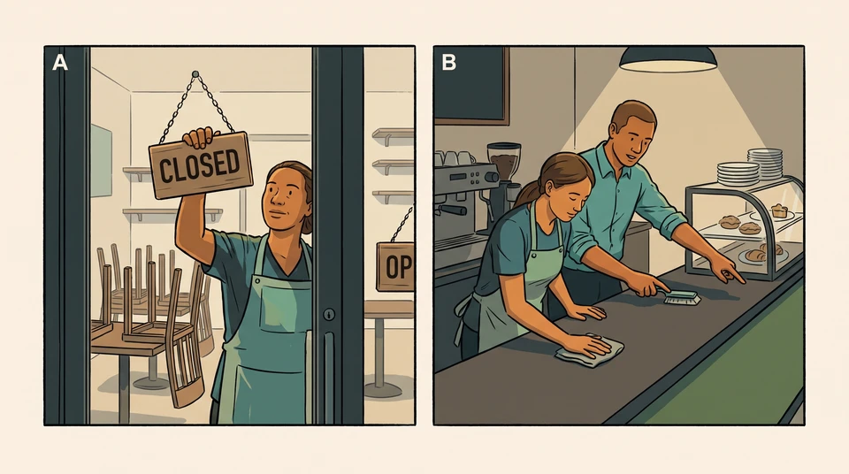 Two restaurant scenes: one worker holds a CLOSED sign at the door; a learner wipes a counter while another worker points to the task.