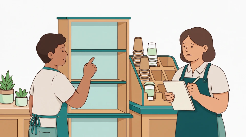 Cafe learner points to an empty shelf while a manager listens beside a partly stocked cup holder.