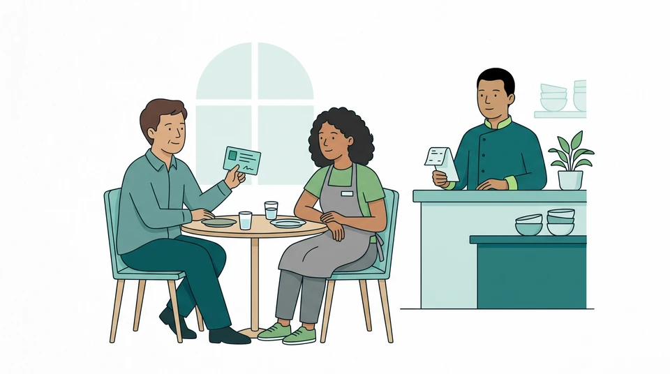 Restaurant manager and server rehearse a guest complaint, with a kitchen colleague nearby to check order information.
