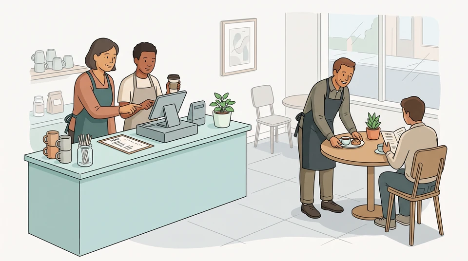 One worker guides a colleague at a restaurant till while another serves a seated guest.