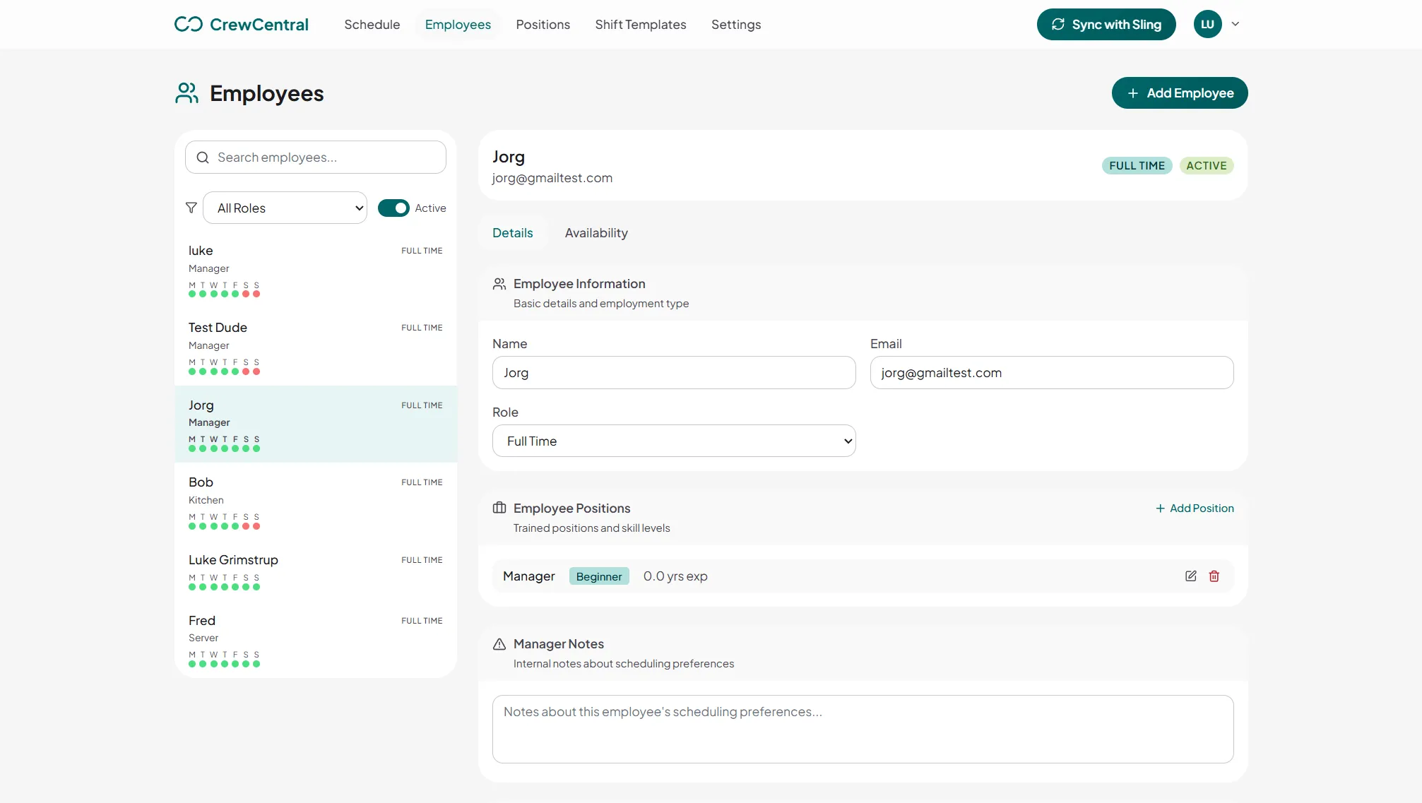 CrewCentral employee profile with role, availability tab, trained positions, and experience details