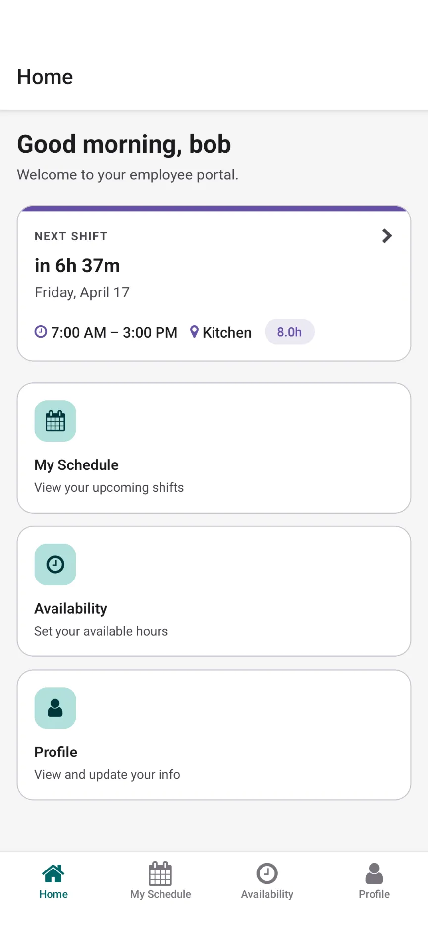 CrewCentral employee mobile screen with next shift, My Schedule, Availability, and Profile