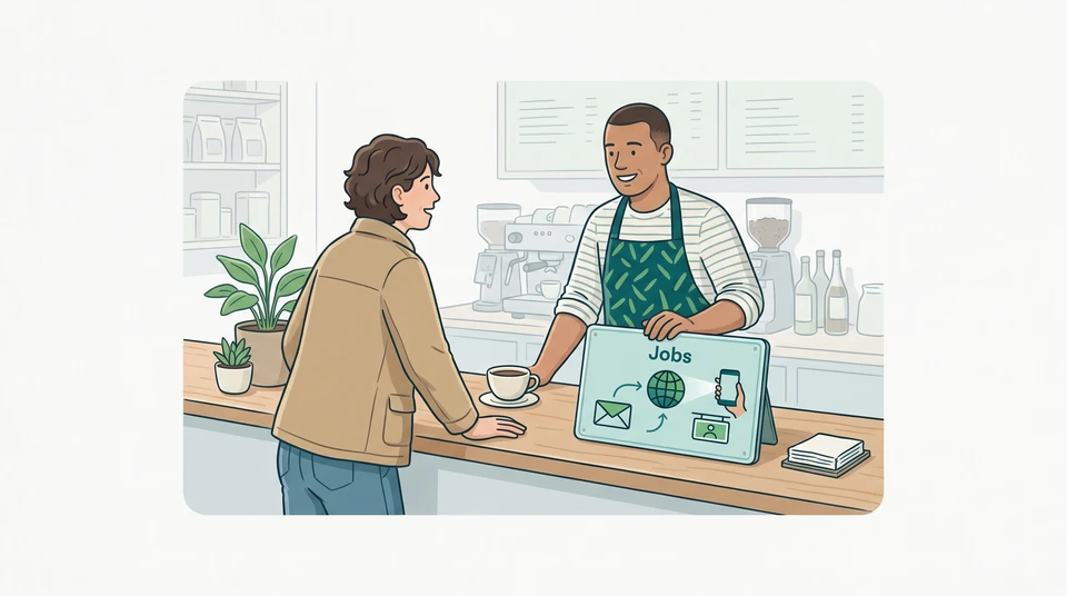 A café worker and a visitor talk beside a Jobs sign.