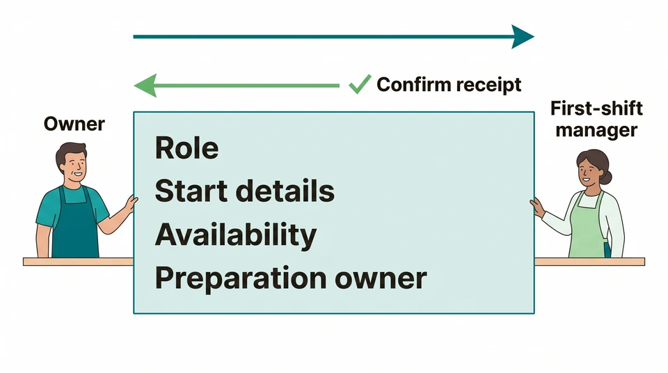 Restaurant owner and first-shift manager hold a labelled handoff record, with separate arrows for sharing context and acknowledging receipt.