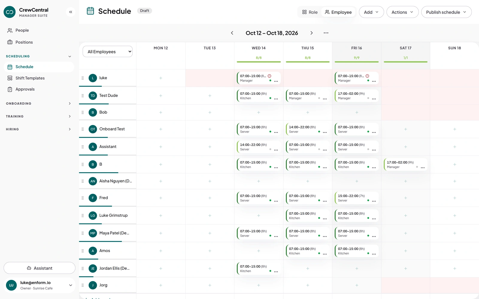 October 12 draft roster after the assistant moved Fred's Friday Server shift to 15:00–22:00.