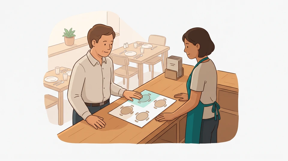 A restaurant manager and a server look together at a simple paper table plan before service.
