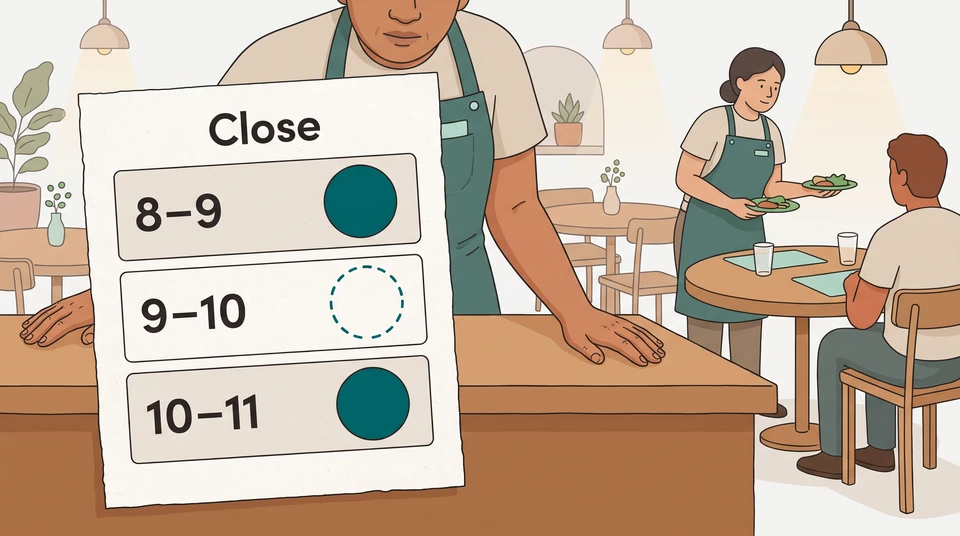 A restaurant manager studies a paper closing-role timeline with an empty middle time band while a teammate continues serving.