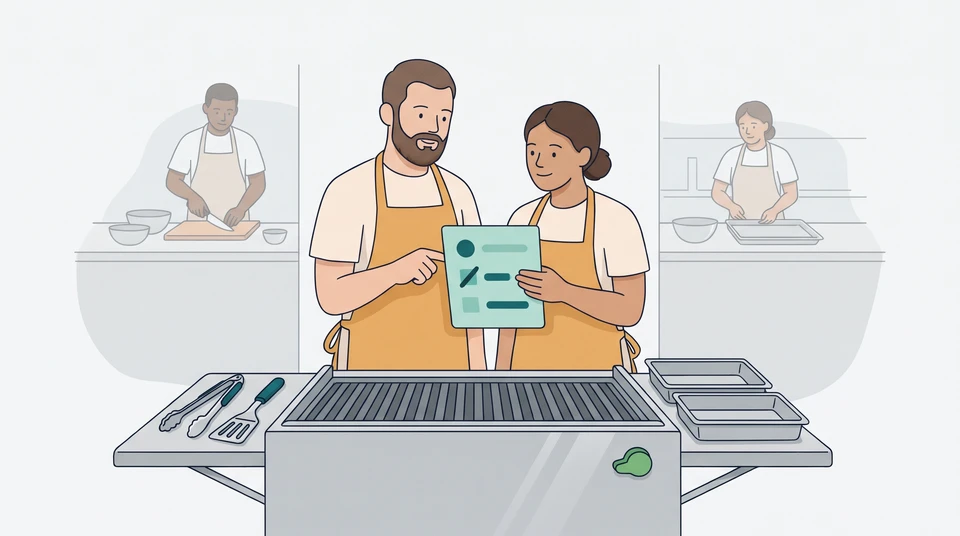 A kitchen lead and cook review a station card beside a grill, with a second cook at a separate preparation counter.
