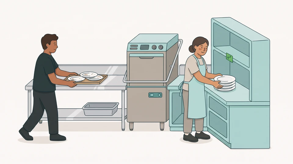 A kitchen-support worker puts clean plates on a shelf while a colleague brings used tableware to a separate return bench.