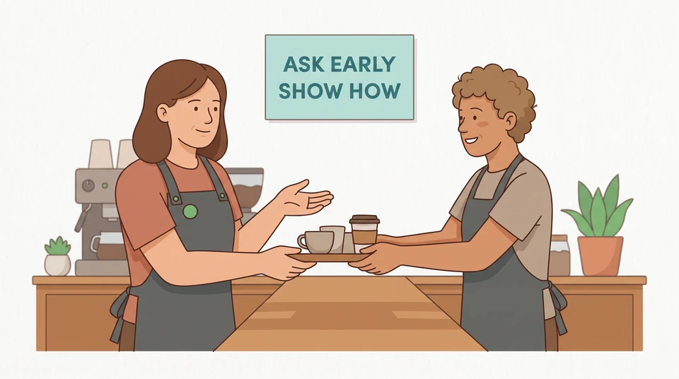 A cafe manager and teammate share a tray handoff beside a card about asking early and showing how.