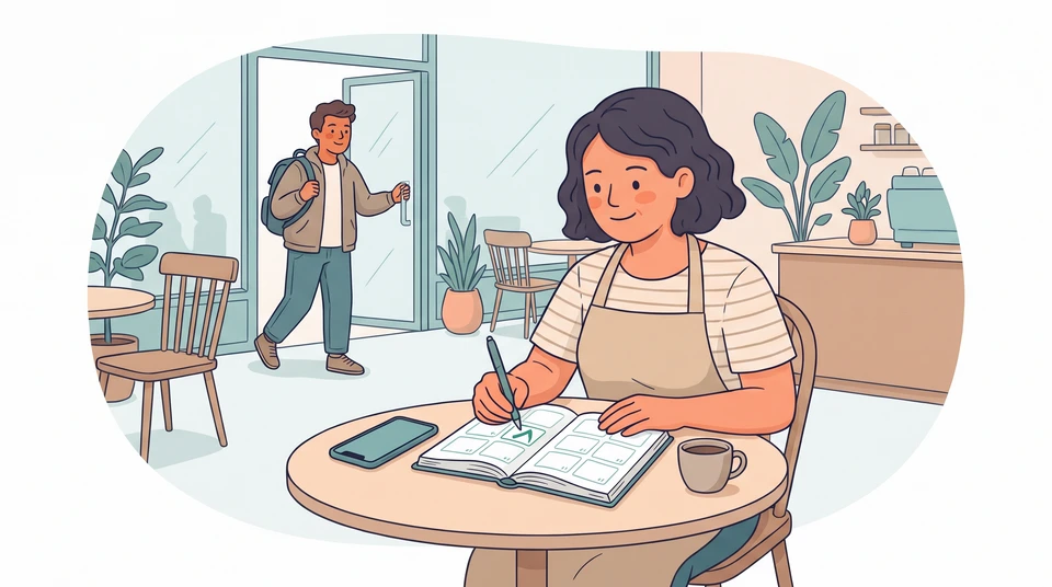 A cafe manager prepares an interview appointment in a diary while a candidate approaches the entrance.