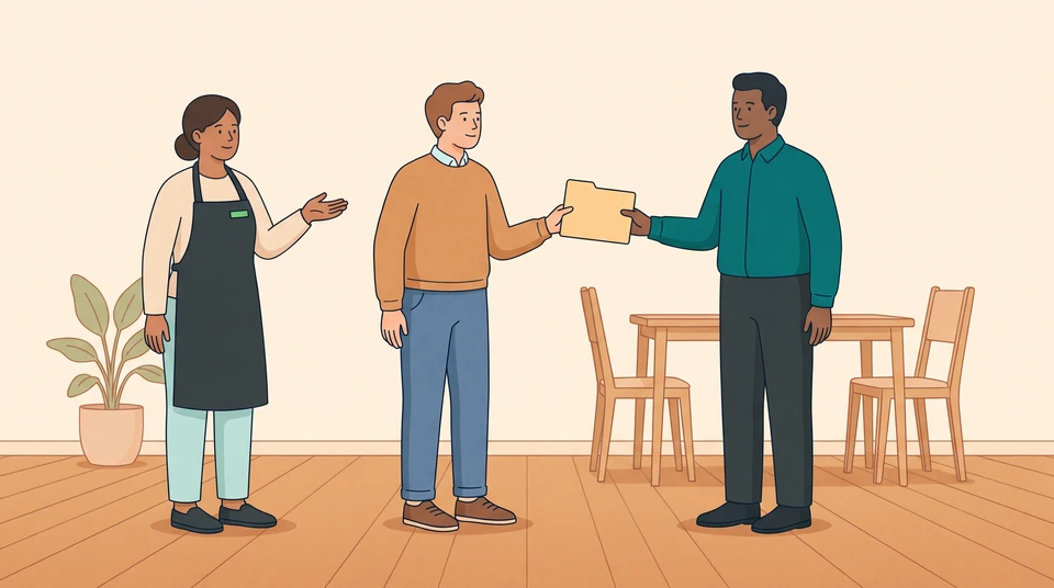 A restaurant team member introduces an interested friend to the hiring manager, with a document folder between the candidate and manager.
