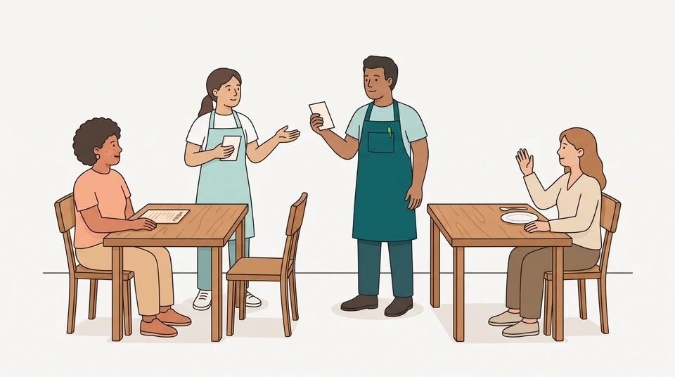 A new server asks a supervising manager for help with a request from a second table.