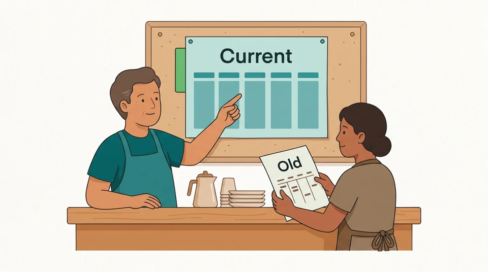 Cafe manager points to a current paper schedule while a team member holds an older copy.