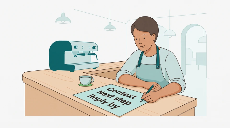 A cafe manager reviews a paper follow-up plan with space for context, the next step and a reply time.