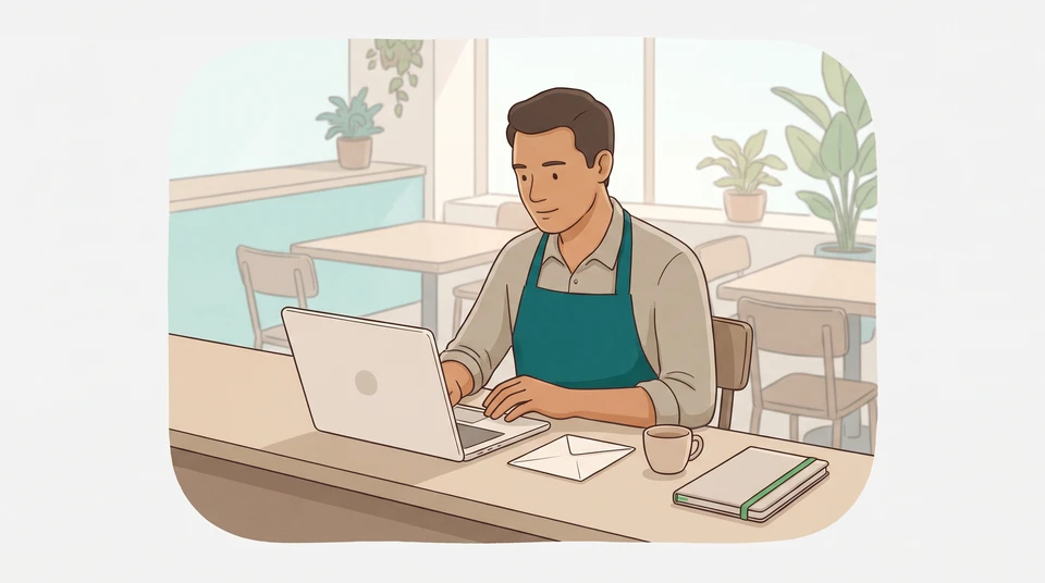 A cafe manager reviews a message on a laptop beside an envelope and hiring notebook.