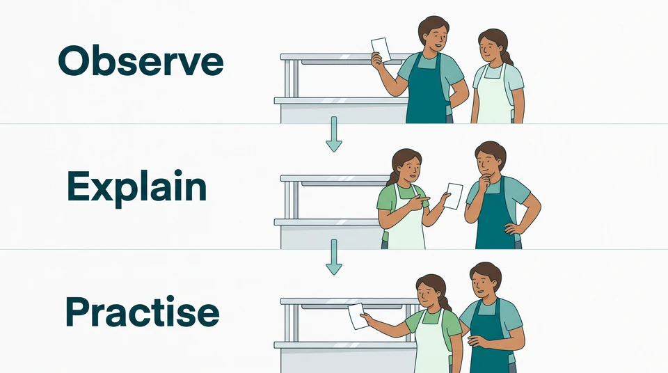 Three restaurant learning steps: a new server observes a trainer, explains an order handoff, then practises with support.
