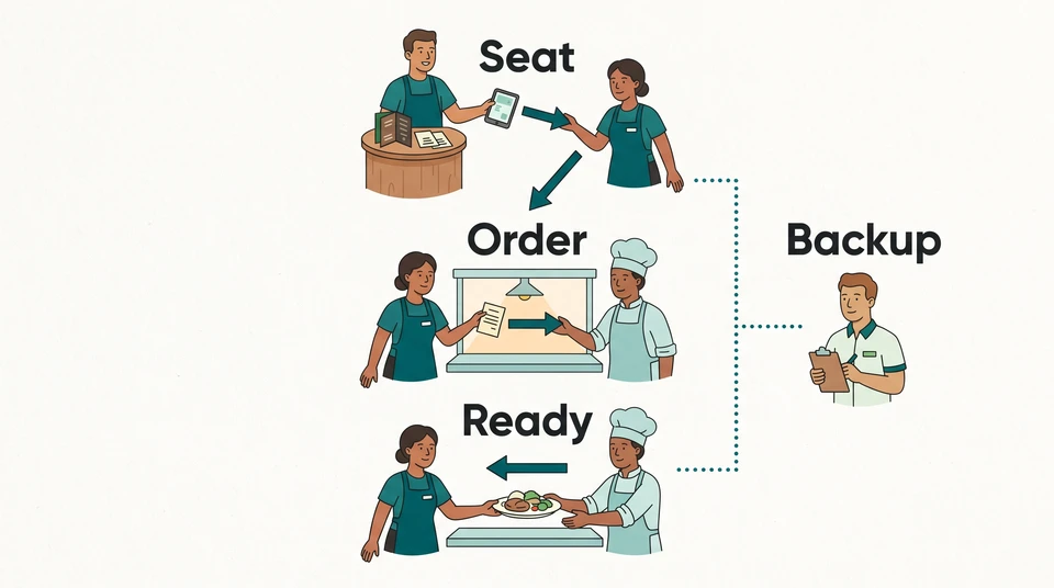 A role-and-handoff diagram connects host, server and kitchen through seating, ordering and meal collection, with a shift lead as backup.