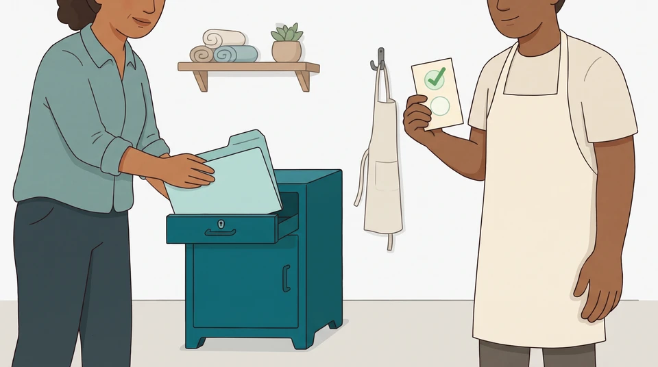 A restaurant administrator stores a closed folder while a kitchen lead holds a small task-status card.