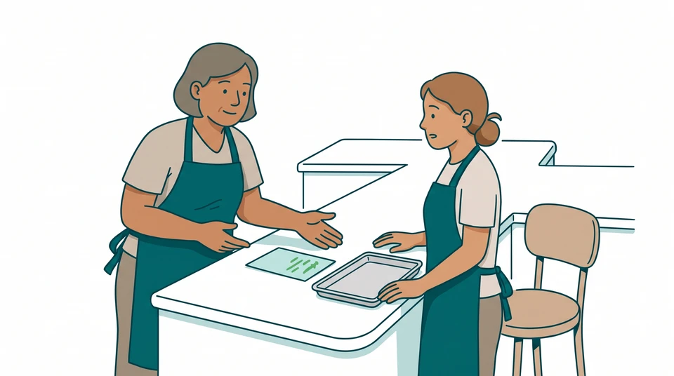 A kitchen supervisor and applicant discuss a sample prep note beside an empty tray.