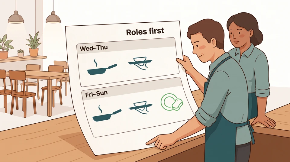 A manager and teammate study a paper weekly role plan, with dish support added to the busier day group.