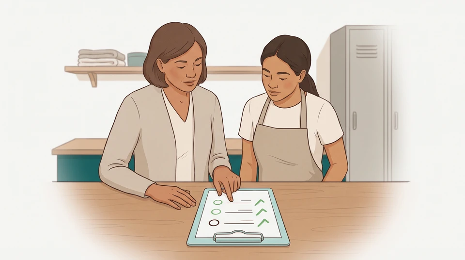 A cafe manager and new starter review one shared orientation record with completed items and an open question.