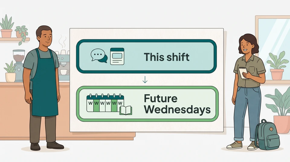 A cafe manager and team member discuss two separate paper timeline rows for this shift and future Wednesdays.