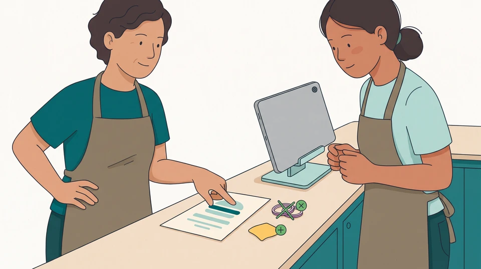 A restaurant manager and new starter compare a paper order beside an unbranded tablet, with onion-removal and cheese-addition symbols.