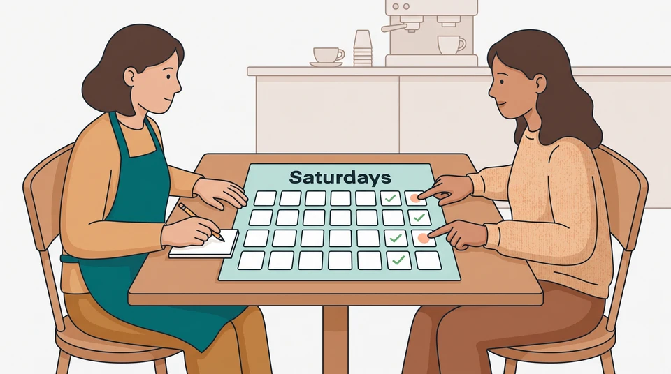 Cafe manager and candidate compare marked Saturdays on a shared paper calendar.