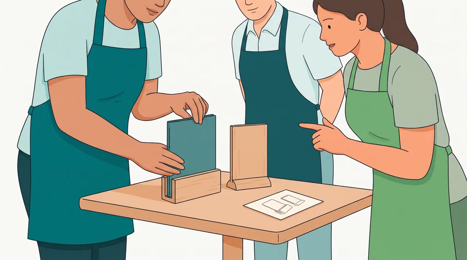 A restaurant trainer demonstrates where to place a menu beside a table-number stand while a new starter watches.