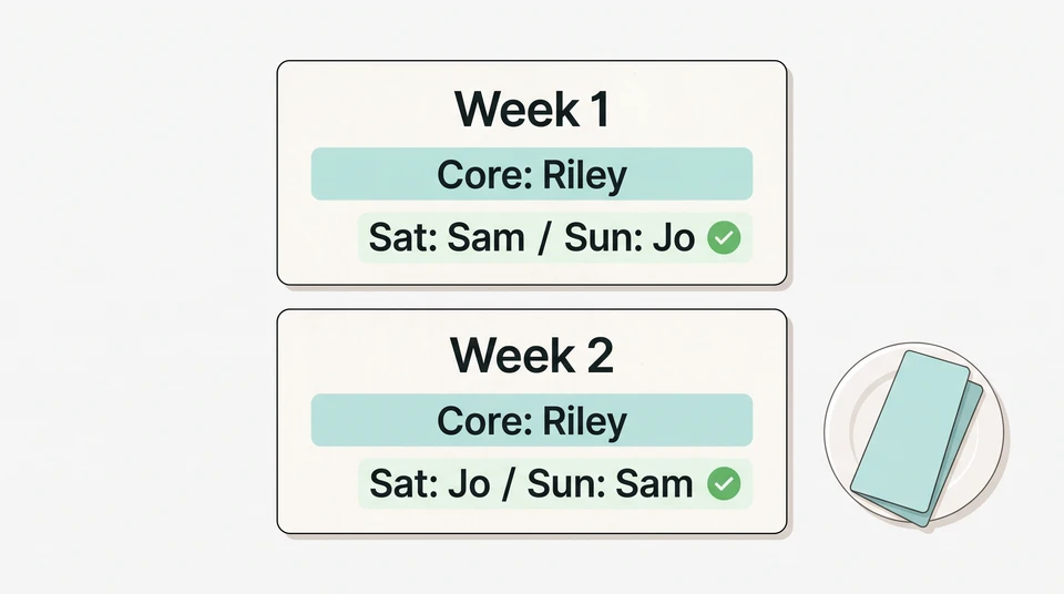 Two example planning cards keep Riley in the core and exchange Sam and Jo between Saturday and Sunday in the second week.