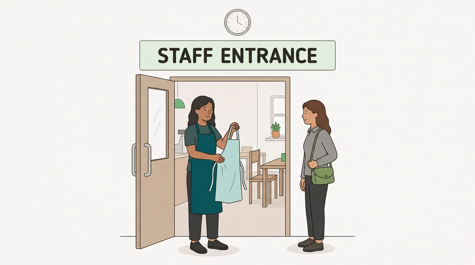 A restaurant manager welcomes a new team member at the staff entrance, with an apron ready.