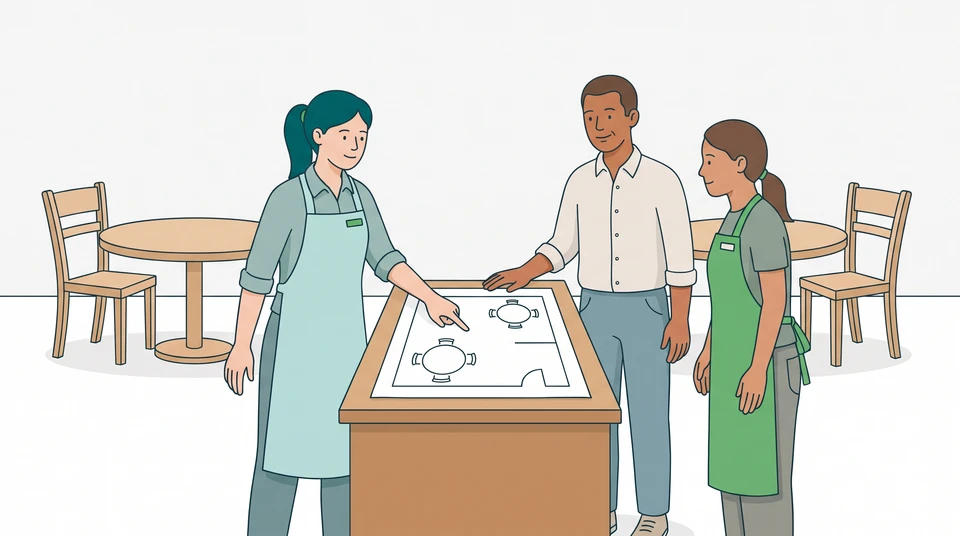 A trainee shift lead points to a simple paper table plan while a supervising manager watches and a team member listens.