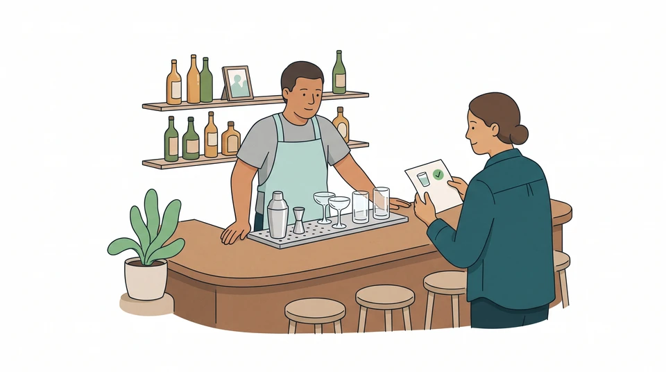 A bartender stands behind a stocked bar while another person reviews a small paper checklist across the counter.