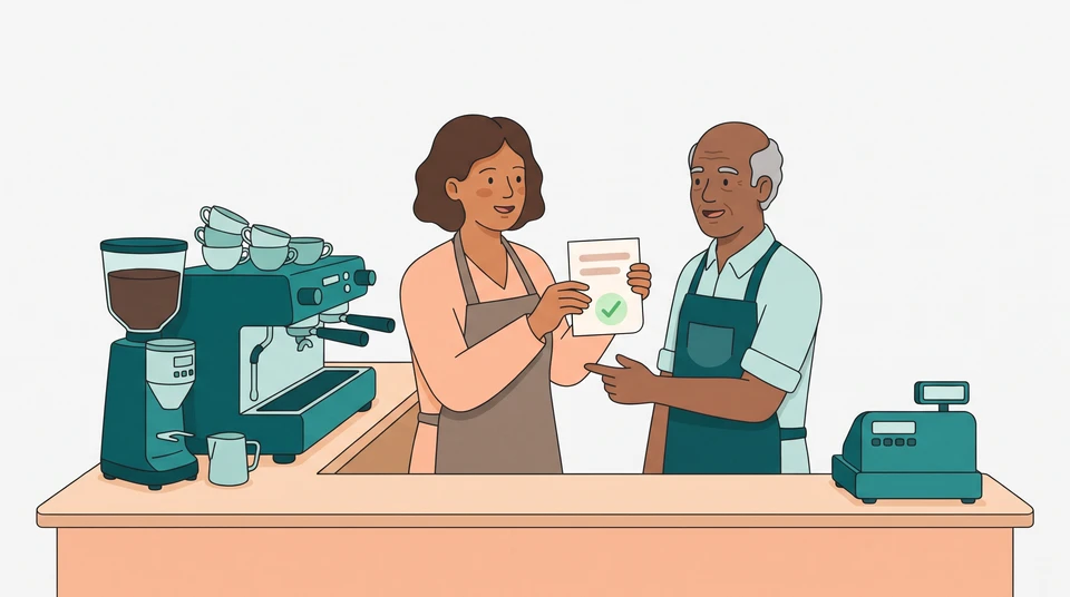 A cafe owner and barista discuss a role note beside the coffee equipment.