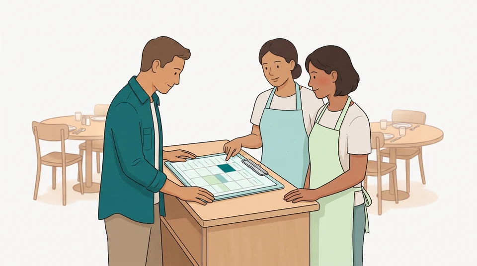 A restaurant manager examines a paper schedule with two servers at the service counter.