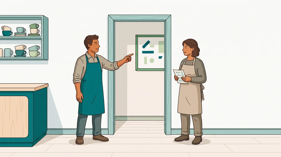 An apron-wearing cafe coworker points to a briefing board beside a doorway while another holds a checklist.