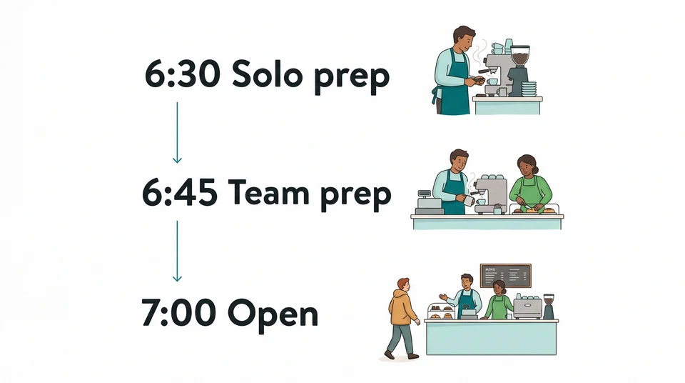 A three-step cafe opening timeline showing solo preparation, team preparation and the start of service.