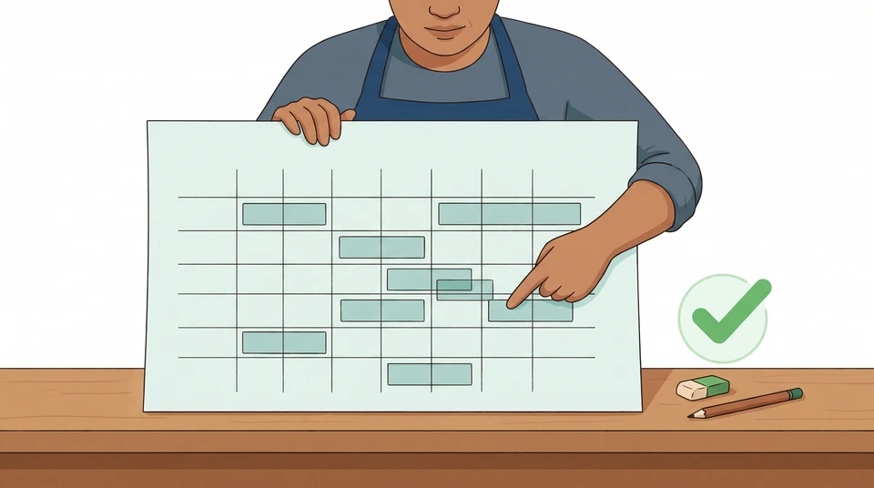 Restaurant manager checks a weekly grid on a sheet at the counter.