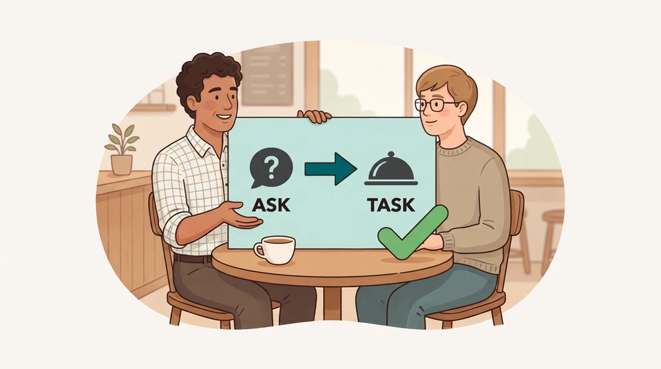 A restaurant manager and applicant discuss a card linking a question to a shift task.