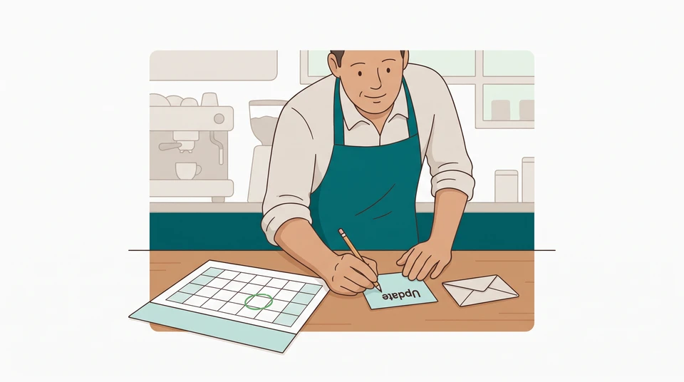 Cafe manager writes an update beside a paper calendar with one date circled.