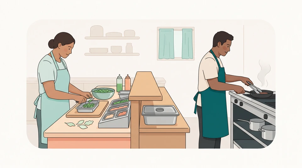 Two cooks work at separate preparation and cooking stations in a small restaurant kitchen.