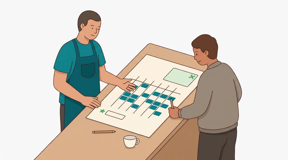A cafe manager and team member discuss a paper availability sheet at the counter.