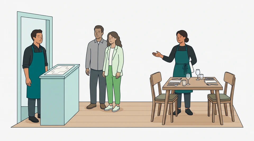 A restaurant host stands at the entrance with two waiting guests, while a server gestures beside a set table.