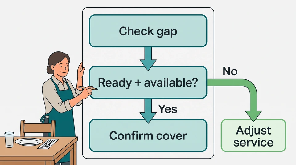 A restaurant manager checks a coverage flow that branches between confirming cover and adjusting service.