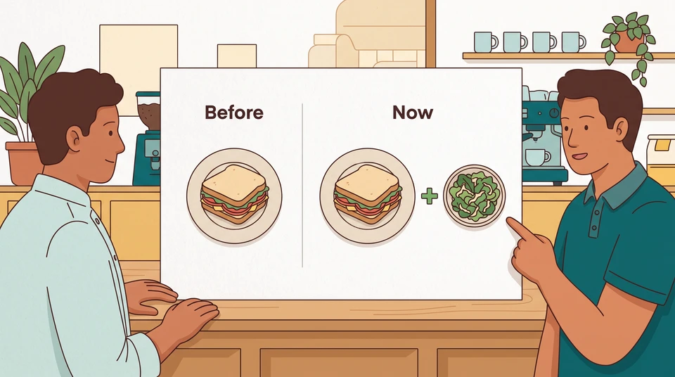 A chef and service manager compare the existing lunch sandwich with the same sandwich and an optional salad side on a paper briefing card.