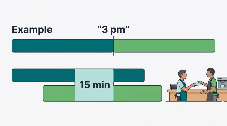 Two shift timelines compare a direct 3 pm changeover with an example 15-minute overlap.