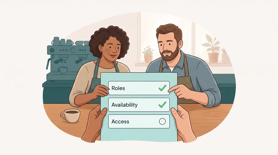 A cafe manager and teammate review a paper checklist for roles, availability and staff access.
