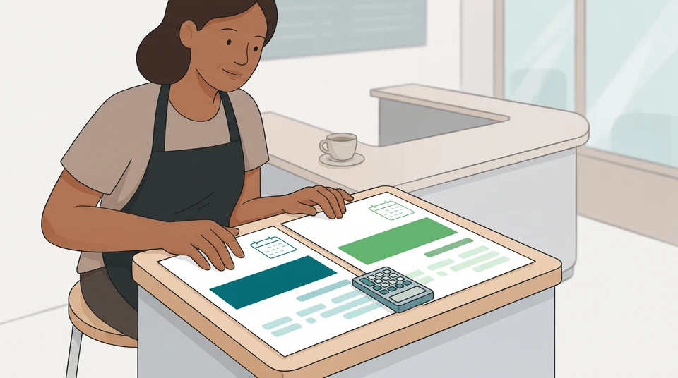 A cafe owner compares two paper records with a calculator on the counter.
