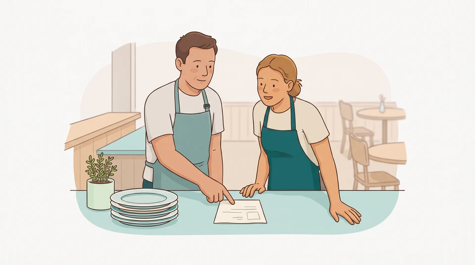 Two restaurant staff in teal aprons review a planning sheet at the counter before service.